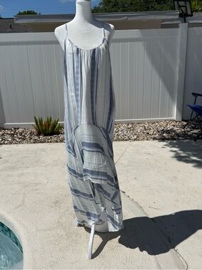 envy Blue and White Striped Spaghetti Strap Maxi Dress with Light Navy Accents